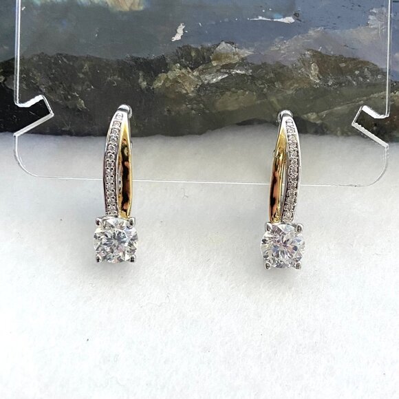 Sterling Silver 925 Round Cubic Zirconia Vermeil Two-tone Leverback Earrings - Picture 1 of 16